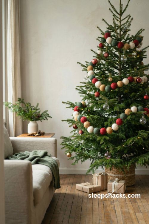 Felt ball Christmas garland in red green cream and gold draped around a cozy natural Christmas tree
