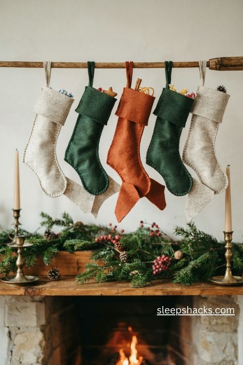 Felt boot stocking alternatives in cream forest green and rust hanging from a rustic wooden Christmas mantel rail