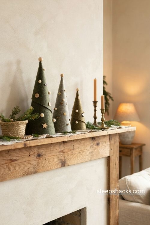 Felt cone tabletop Christmas trees in forest green sage and olive on a rustic mantel