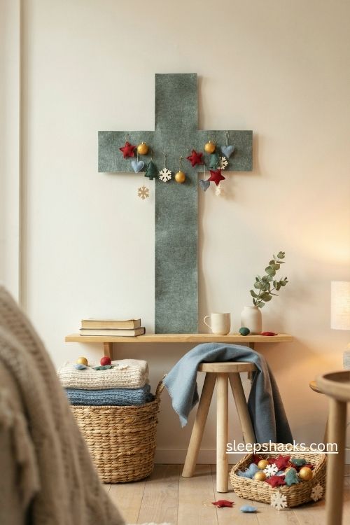 Felt cross christmas tree with colorful reusable ornaments for a cozy family holiday display