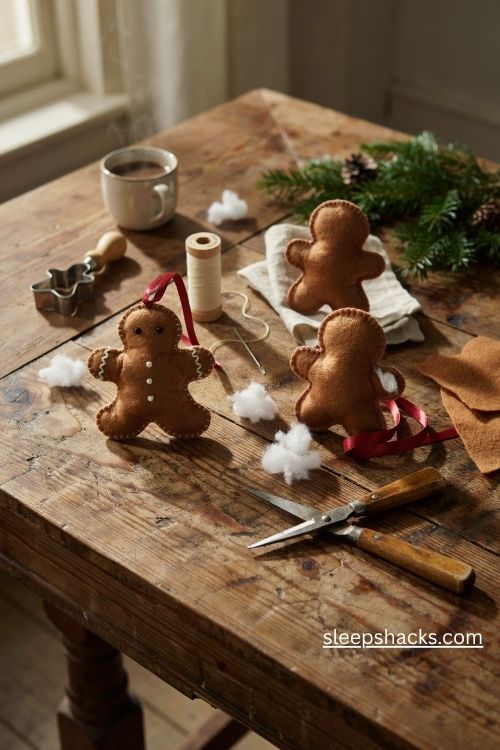 Felt gingerbread man christmas ornament with cream stitched icing details and a red ribbon loop