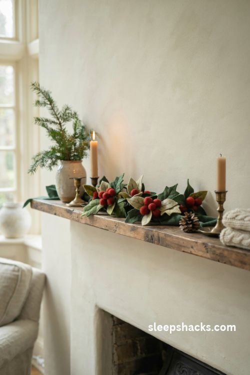 Felt holly and berry Christmas garland with deep green leaves and red berries on a rustic mantel