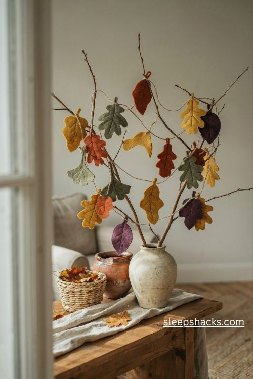 Felt leaf garland in mustard orange olive and plum for fall branch tree decor