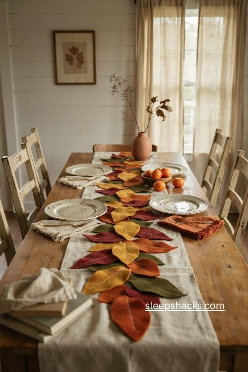 Felt leaf table runner for beginners with autumn colors and cozy farmhouse decor 