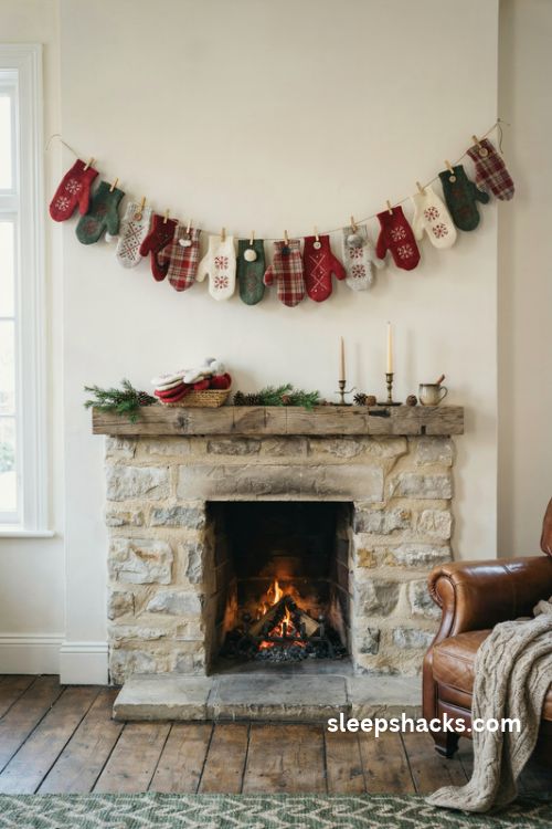 Felt mitten Christmas garland with stitched red cream and plaid mittens hanging above a cozy rustic fireplace