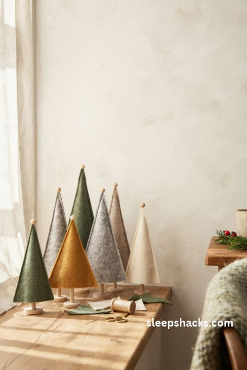 Felt scandi forest christmas trees in muted green mustard cream and natural wood