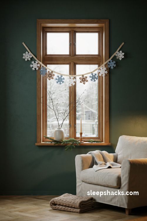 Felt snowflake Christmas garland in white ivory and pale blue hanging against a deep green wall