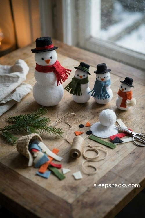 Felt snowman christmas ornaments with black top hats colorful fringed scarves and handmade details
