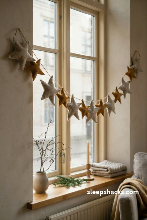 Felt star Christmas garland in cream gold and gray hanging across a cozy winter window