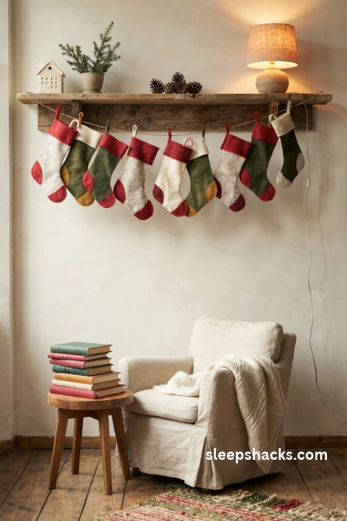 Felt stocking Christmas garland with tiny red and green handmade stockings above a cozy reading nook