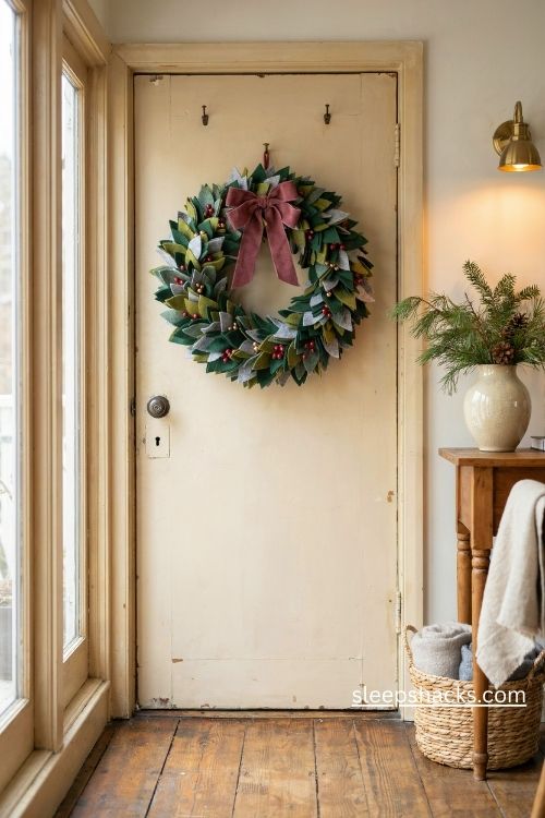 Felt tree Christmas wreath with layered green triangles and a cranberry red bow