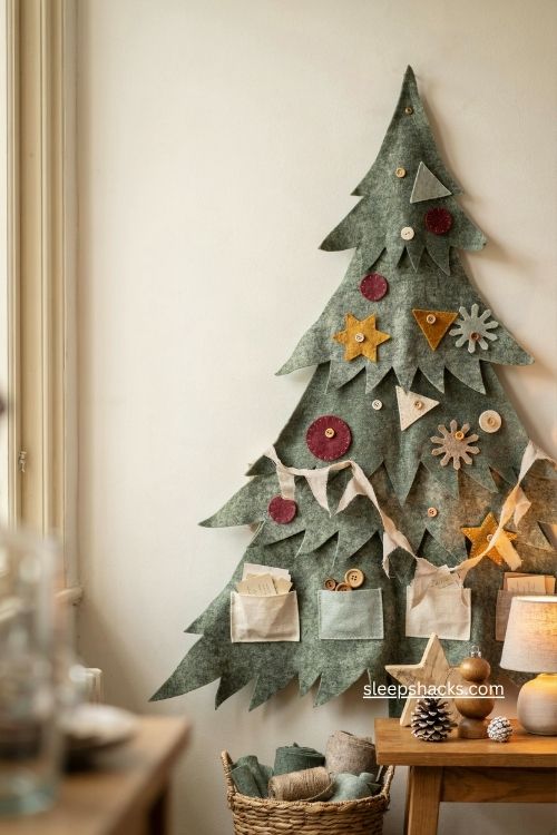 Felt wall christmas tree with colorful handmade ornaments and cozy holiday decor 