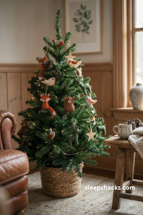 Felt woodland animal christmas tree with fox owl bear and reindeer ornaments in rustic cottage style