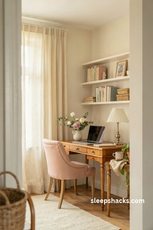 Feminine home office ideas with a blush pink chair, elegant wooden desk, soft neutral colors, vintage decor, fresh flowers, and warm natural lighting