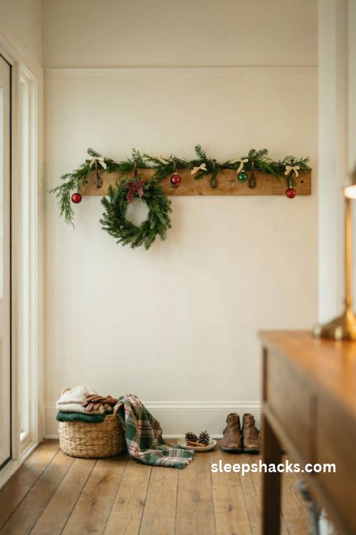 Festive Christmas coat rack with a small evergreen wreath velvet bow plaid blanket and woven basket in a cozy entryway