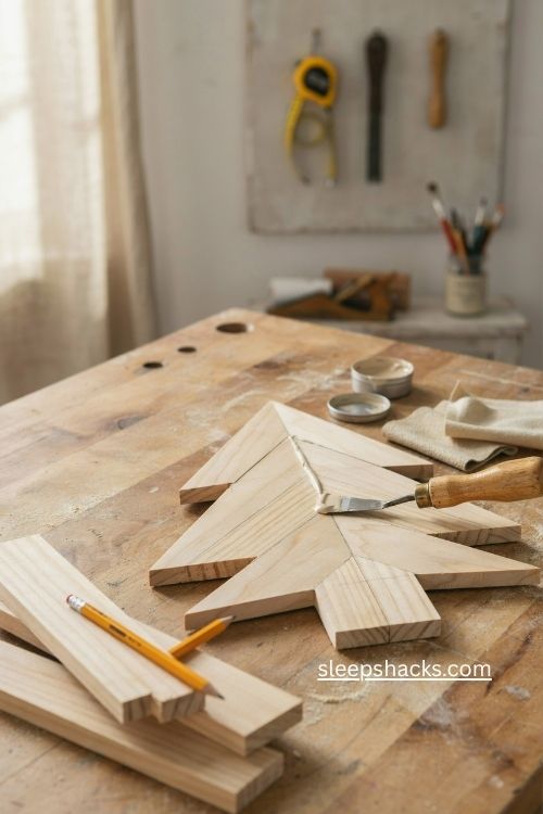 Filling gaps in a pine wood DIY Christmas tree for a seamless finish