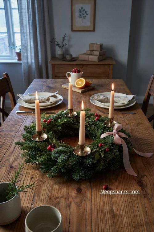 Flameless LED christmas advent wreath with pine berries and warm white candles