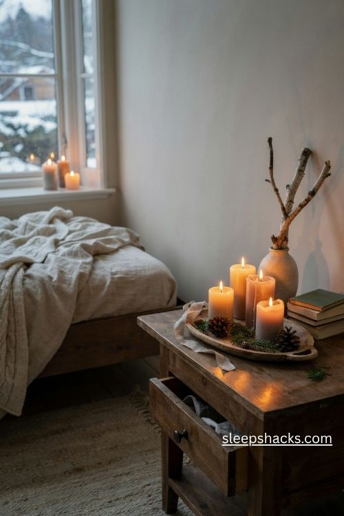 Flameless christmas candle lights in varied heights on a rustic bedroom tray with evergreen sprigs and pinecones