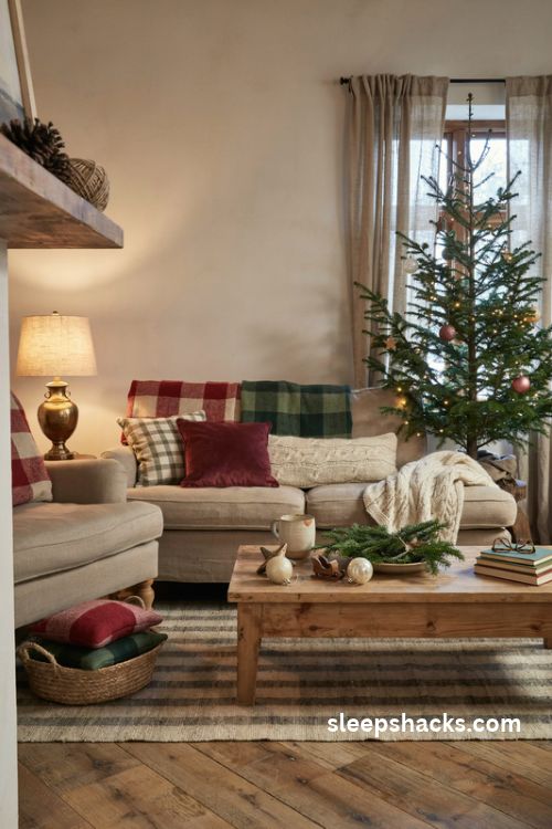 Flannel and plaid christmas pillows in red green and cream for a cozy lodge living room