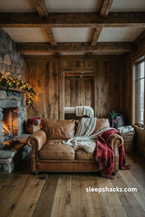 Flannel and wool throw blankets in a cozy cabin Christmas living room with rustic textures