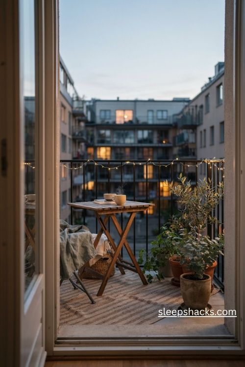 Flat balcony ideas with cozy seating warm string lights and potted plants for a small apartment