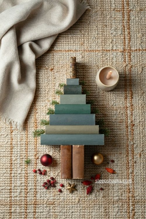 Flat lay book christmas tree with green books pine sprigs and cranberries 
