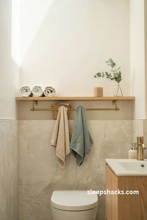 Floating bathroom shelf with built in towel bar rolled towels and natural oak decor