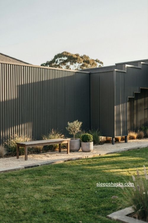 Floating corrugated metal fence panels with ground gap modern backyard landscaping