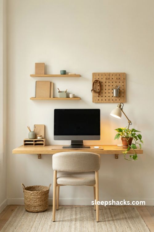 Floating desk along a wall home office layout with open floor space and natural wood decor