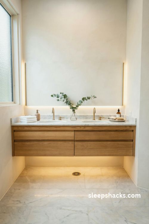 Floating double vanity luxury bathroom with marble countertop brass faucets and warm under cabinet lighting