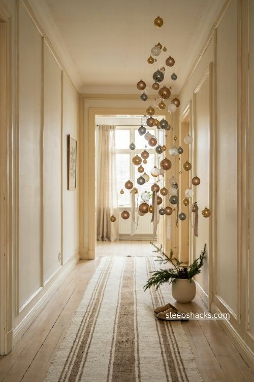 Floating ornament christmas tree with hanging glass baubles in a cozy hallway 