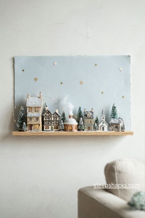 Floating shelf Christmas village with snowy miniature houses and warm fairy lights