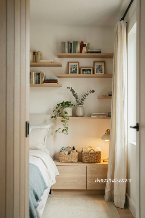 Floating shelves for guest room storage with baskets books and plants