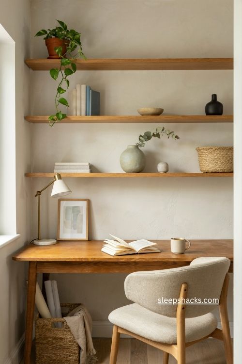 Floating shelves with small plants and simple decor in a cozy home office