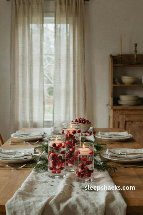 Floating white candles over fresh cranberries in clear Christmas vases