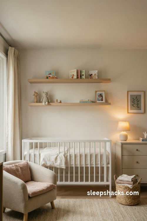Floating wood shelves for books and keepsakes in a cozy baby girl nursery