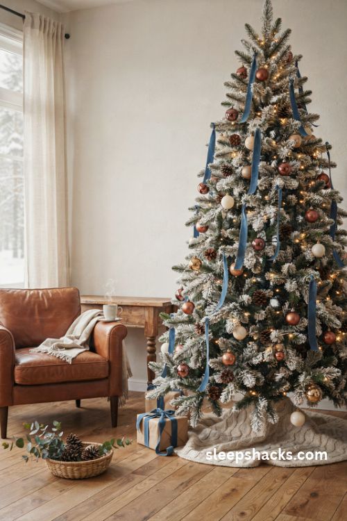 Flocked Christmas tree with blue velvet ribbon brown ornaments and warm white lights