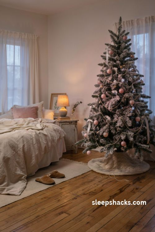 Flocked blush pink christmas tree beside the bed with pearl garland white ribbon and a cozy cream knit tree skirt