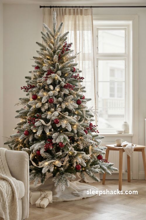 Flocked christmas tree with burgundy red berries and ruby glass ornaments