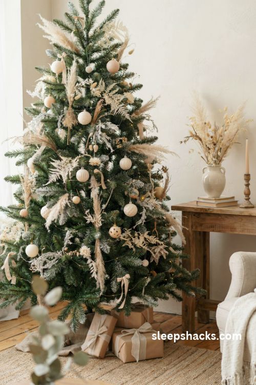 Flocked designer christmas tree with pampas grass dried florals and natural wood ornaments
