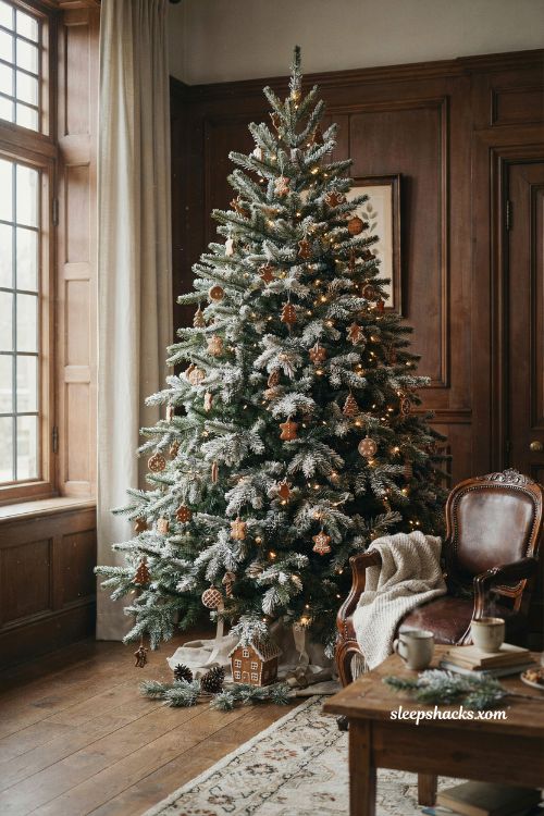 Flocked gingerbread christmas tree with warm white lights in a dark wood living room