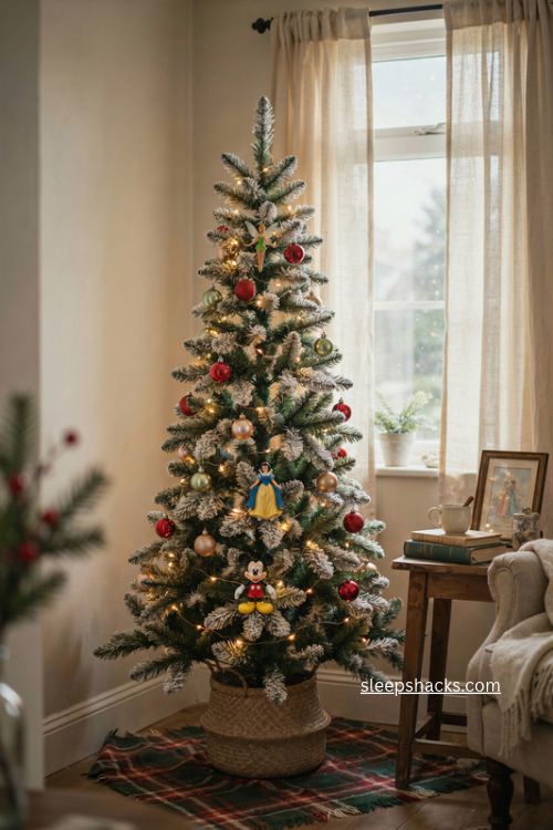 Flocked pencil Christmas tree with Disney ornaments for small spaces and cozy winter decor 