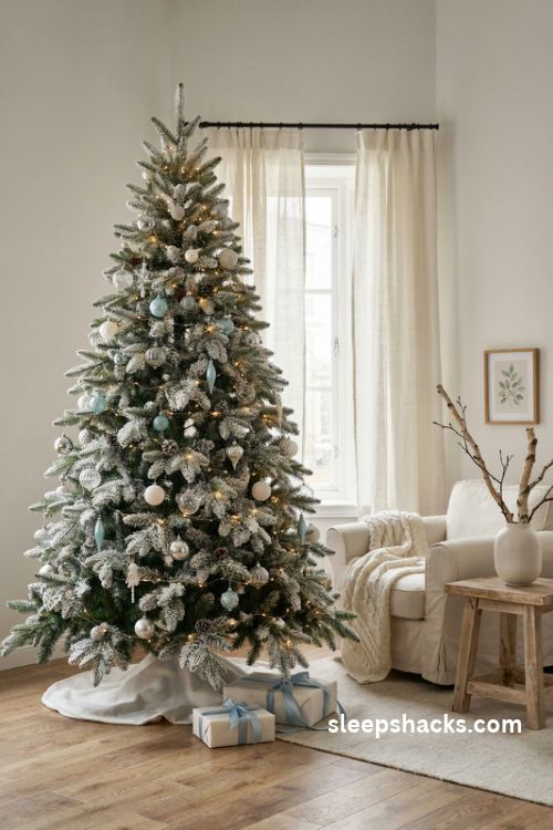 Flocked snowy christmas tree with silver ornaments pale blue accents and warm white lights