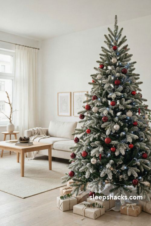 Flocked white Christmas tree with dramatic maroon and burgundy ornaments