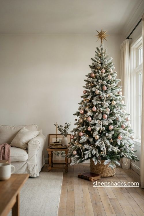 Flocked white christmas tree with blush pink ornaments and champagne gold starburst topper