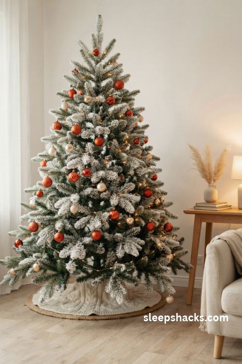 Flocked white christmas tree with burnt orange ornaments and warm champagne accents