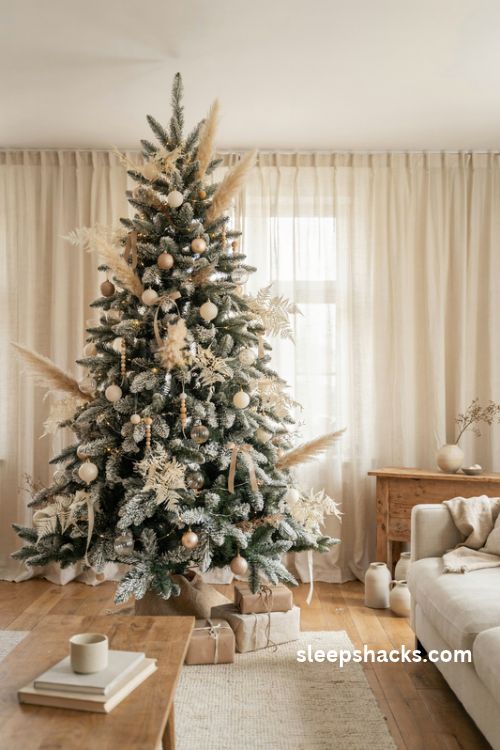 Flocked white christmas tree with dried pampas grass bleached ferns cream ornaments and natural linen ribbon