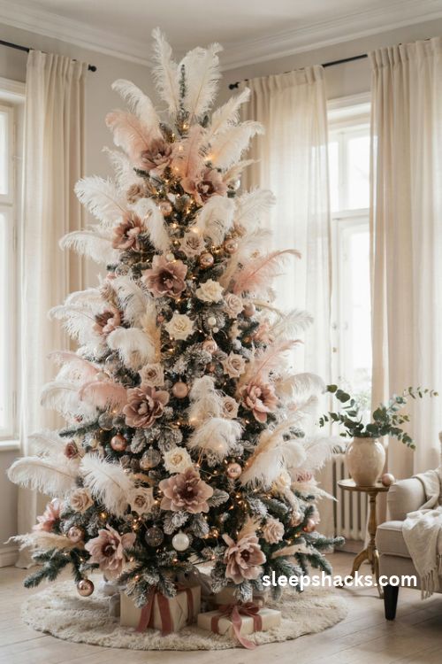 Flocked white christmas tree with ivory feathers and blush pink faux florals