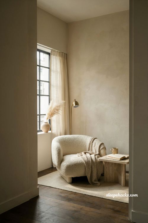 Floor length cream linen curtains pooling on hardwood floors in a cozy bright bedroom