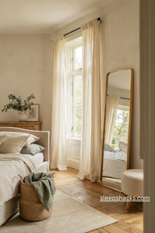 Floor length gold mirror opposite a bedroom window reflecting natural light and a green garden view